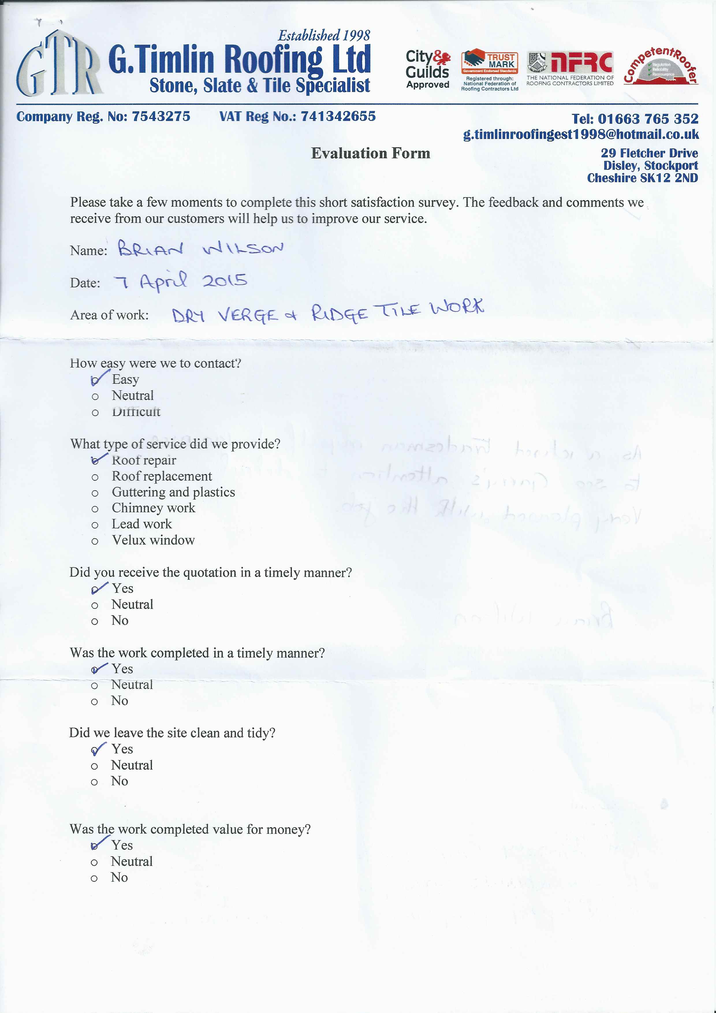 testimonial, Re-Roofing, Lead Work, Chimney Stacks, Plastics, Repairs and Maintenance, Stockport, Cheshire, High Peak, G Timlin Roofing